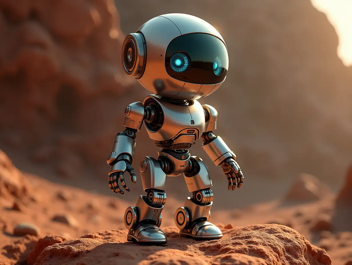 Create a high-resolution, realistic image of artificial intelligence Robert with upper body, legs and feet made of metal and glass head with gears, light waveguides, LED in a 4k resolution on Mars on a rock lighting