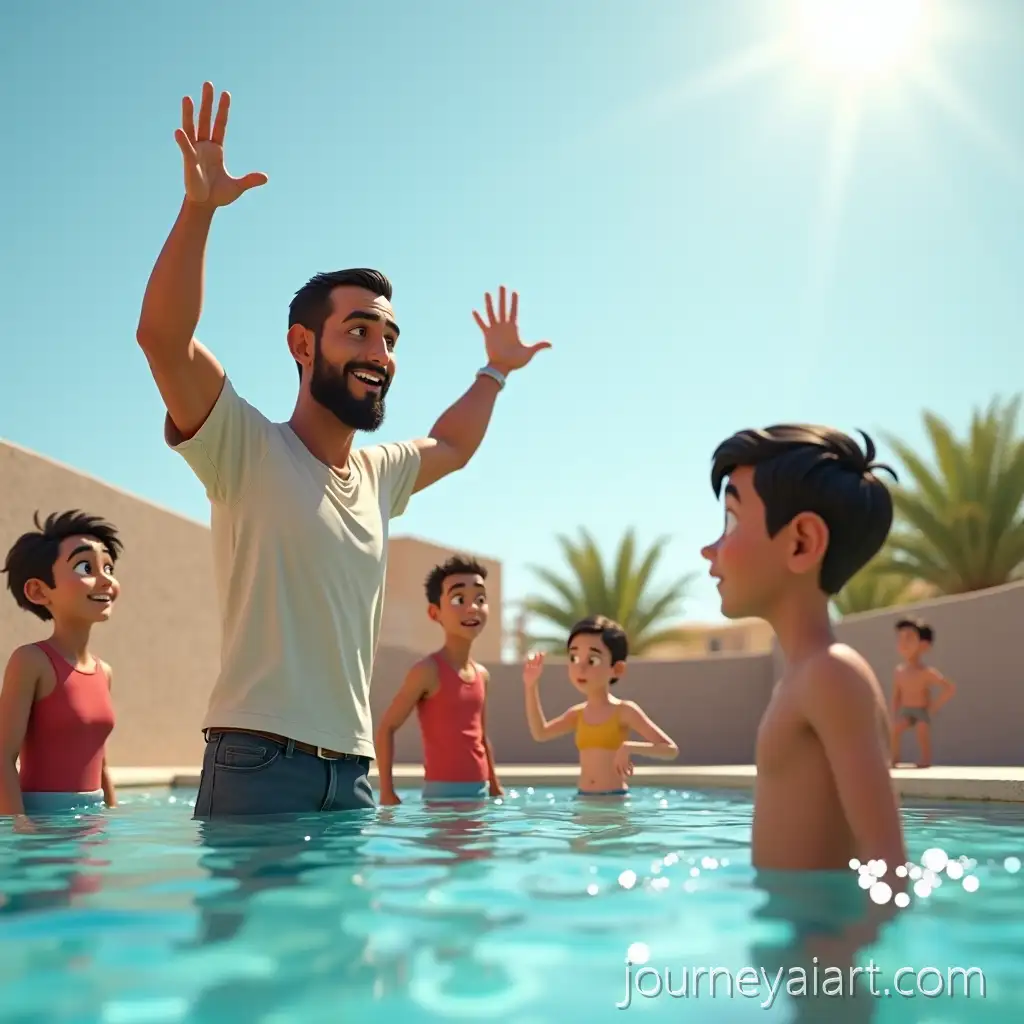 Friendly-Arab-Swimming-Coach-Teaching-Kids-by-the-Pool-Under-Sunshine