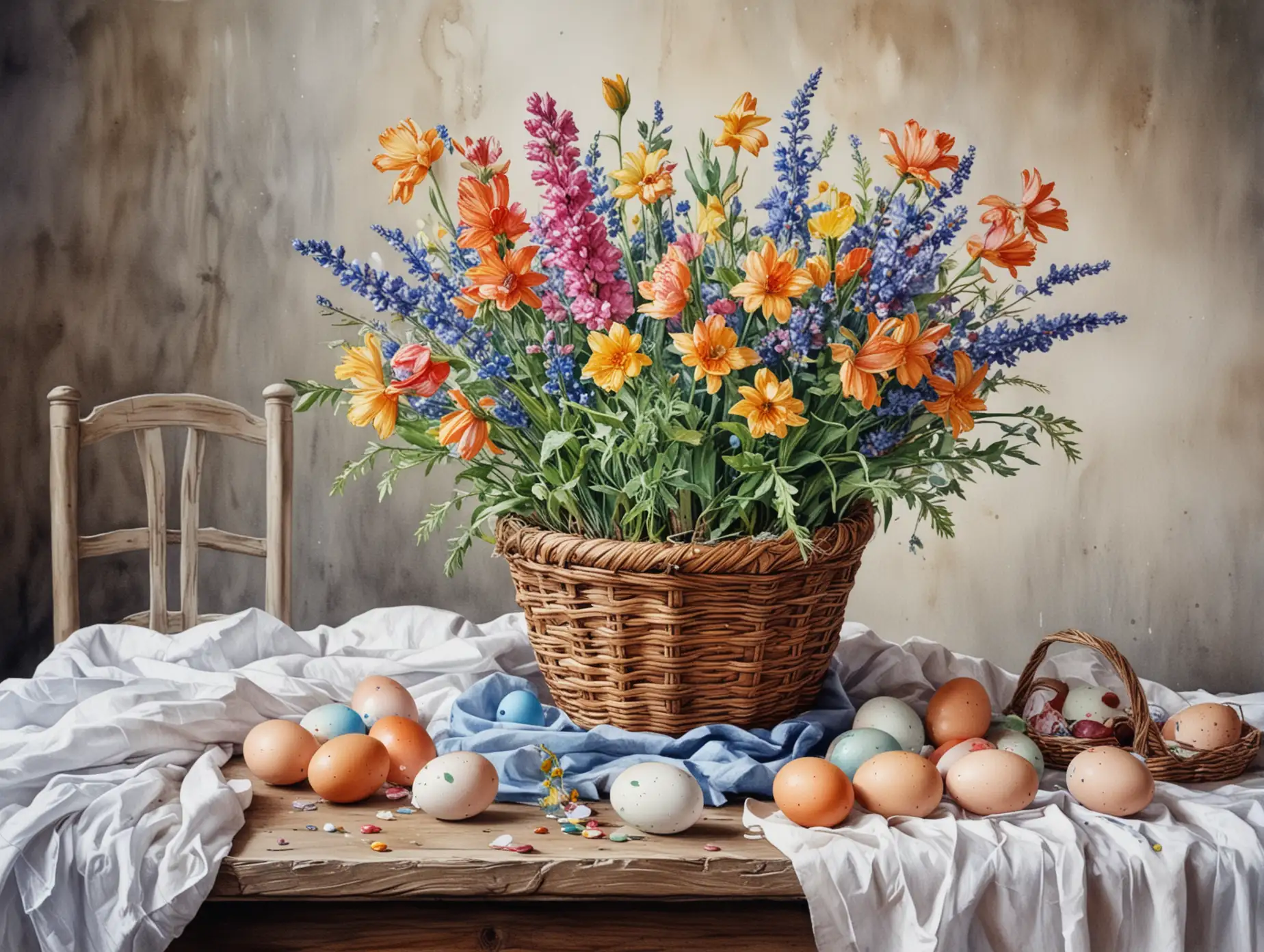 with flowers and colored eggs in the basket, on the table, next to kulichs, watercolor drawing, detailed drawing, high quality