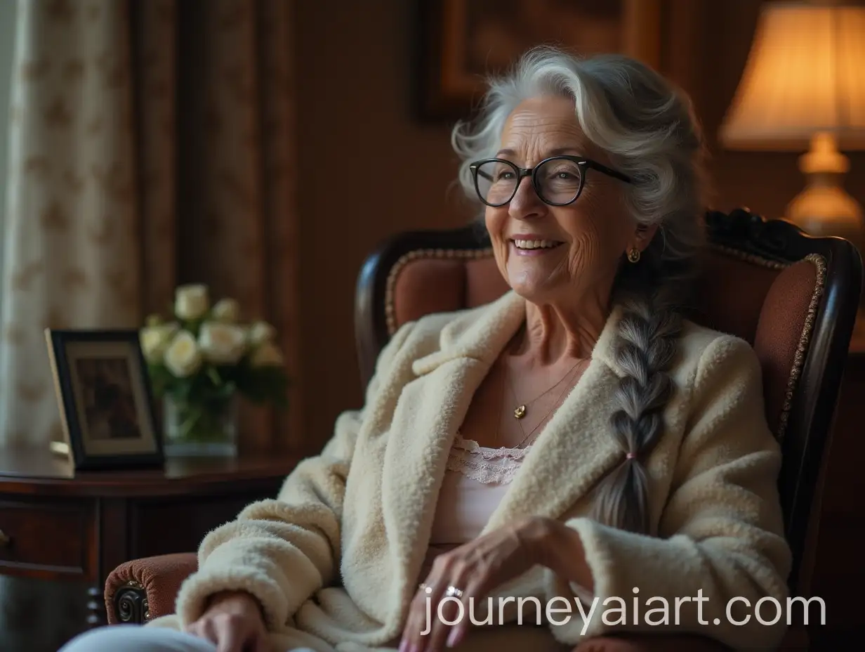 Elegant-70YearOld-Woman-in-Housecoat-Smiling-in-a-Cozy-Chair