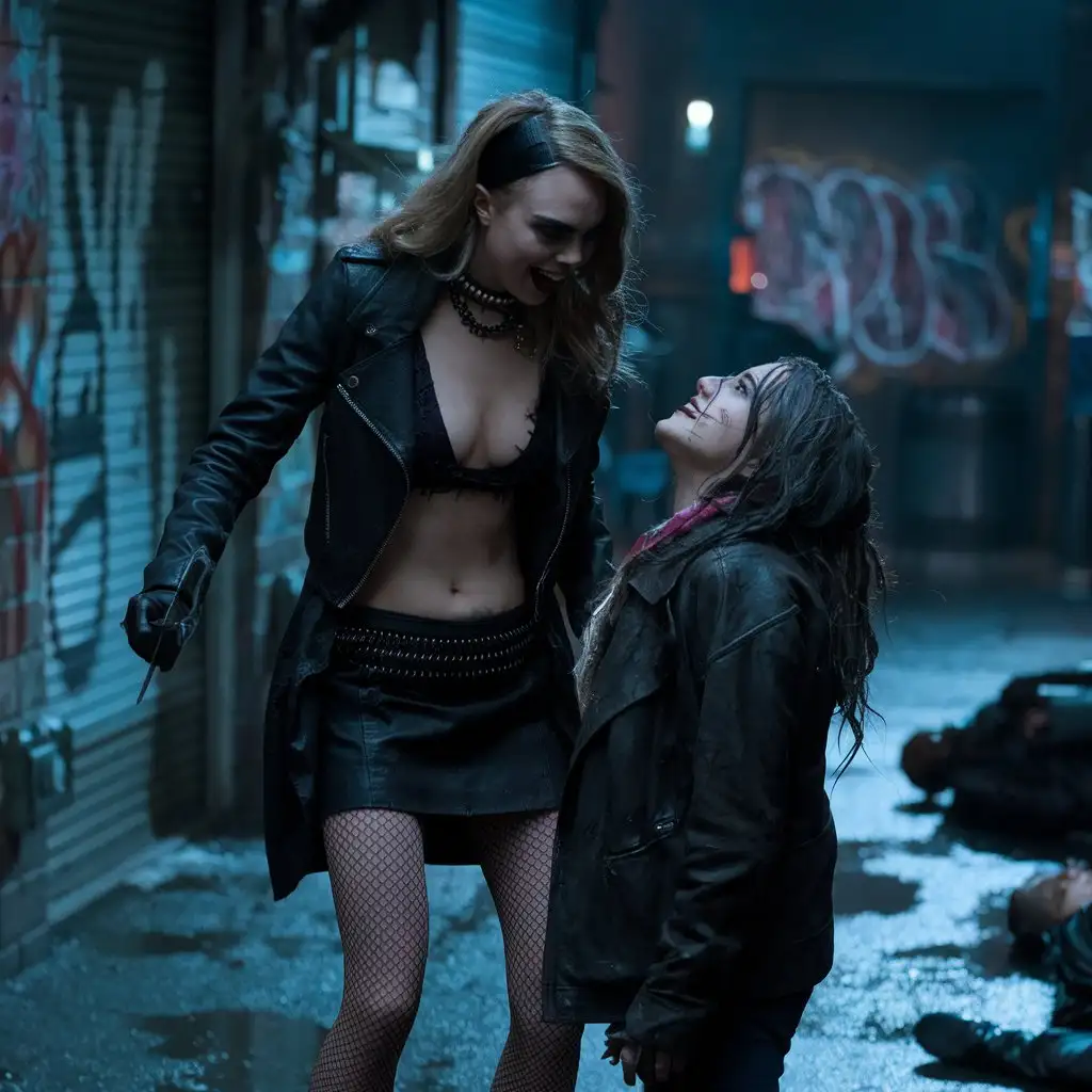 Dark dirty alley. A very beautiful evil street criminal Cara Delevingne robs a scared victim at knifepoint. Evil angry smile. Deep neckline, miniskirt, оpen belly. An atmosphere of horror and temptation. A sweet dream for the victim. The victim looks at the tormentor with horror and love. The bodies of previously robbed and killed victims lie nearby. cinematic, photo , 4k