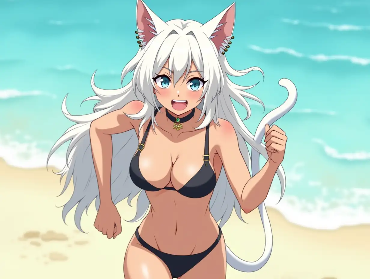 A mature adult feline/woman active running down a beach. Her 30-something years are disguised by her youthful facial features, except for her subtle wrinkles around the eyes, extremely slender body. Her ample bosom strains against her bikini, extreme cleavage.  Wearing black shoes. She has piercing blue cat eyes. A choker adorns her neck, a subtle hint at her feline nature. Her long, white hair cascades down her back like a wild waterfall, tangled and disheveled. Her cat-like teeth glint in the light, as her white fur-lined ears punctuate her visage with sparkling black and gold earring adorns each ear, adding a touch of elegance to her feline features. Cat whiskers on her face. The attached tail at the base of her spine stirs lazily.  Long fingernails. Full view. Anime.