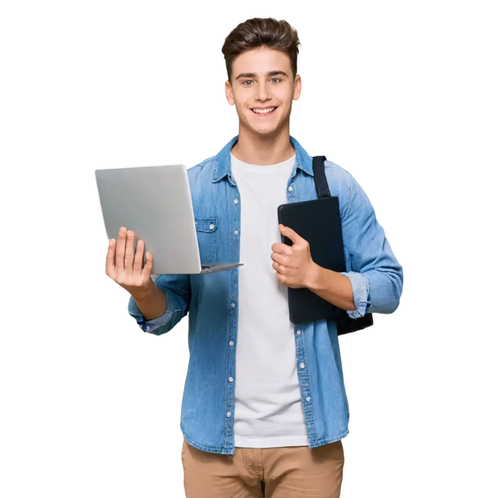 Studio portrait of young man standing holding laptop and looking at camera with happy smile, isolated