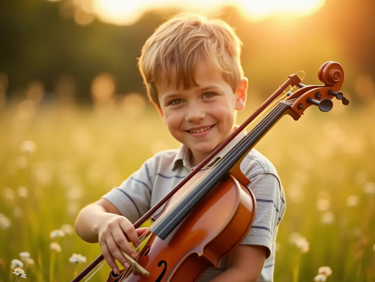 A realistic photo. A young boy with bright eyes and a joyful smile holds an elegant violin in his small hands. The golden sunlight highlights his soft features, and his fingers gently trace the polished wood of the instrument. His innocence contrasts with the violin’s deep, mysterious history. The background is a peaceful village meadow, with wildflowers swaying in the warm summer breeze.