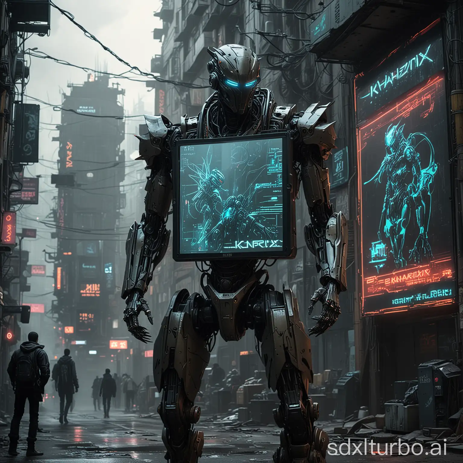 Urban-Cyberpunk-Scene-with-Robot-and-Electronic-Display