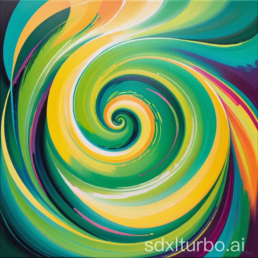 Abstract painting with swirling spirals of color, green, yellow, vibrant, colorful