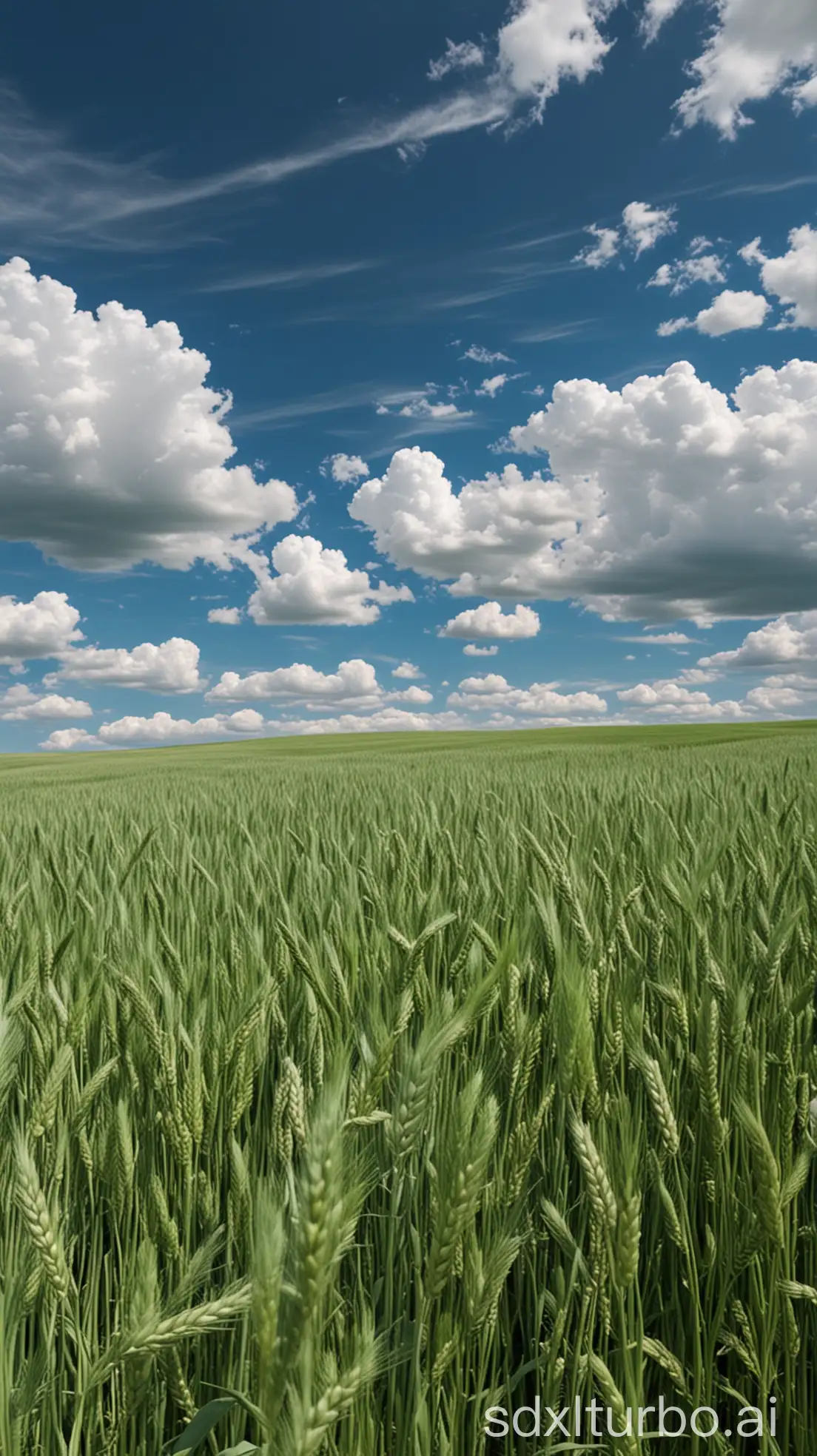 A field of green wheat swaying in the wind, with a blue sky and beautiful big white clouds