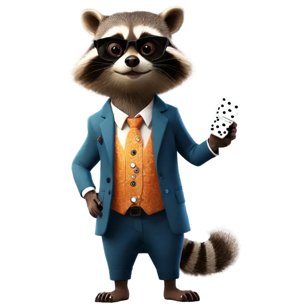 Cartoon rich raccoon in clothes with dice