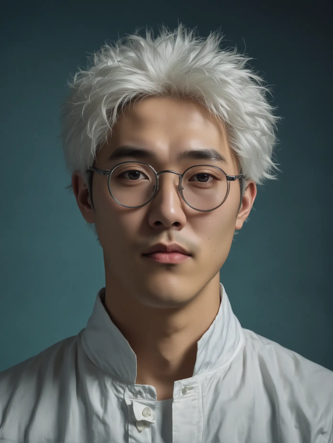 White hair, a Korean man, 180cm tall, wearing analog glasses, a man in his 20s, growing up in a lab, desperately trying to save his grace after his death, with an open-minded personality, secretive, full of longing, cold-hearted personality, cool-headed and cynical ((Rembrandt's style), handsome, blue background