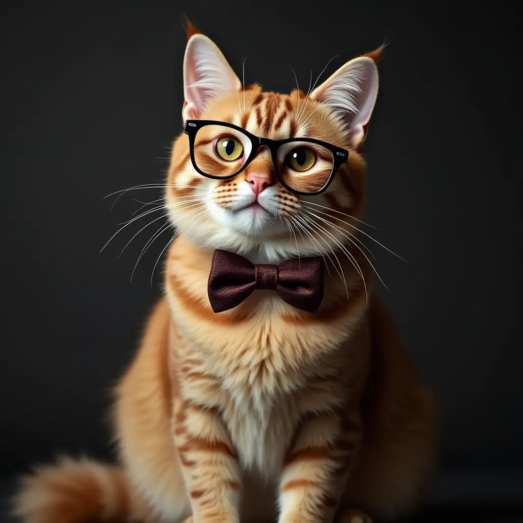 A sophisticated cat wearing glasses and a bow tie, sitting elegantly with the caption: 'Feeling Demure Today.'