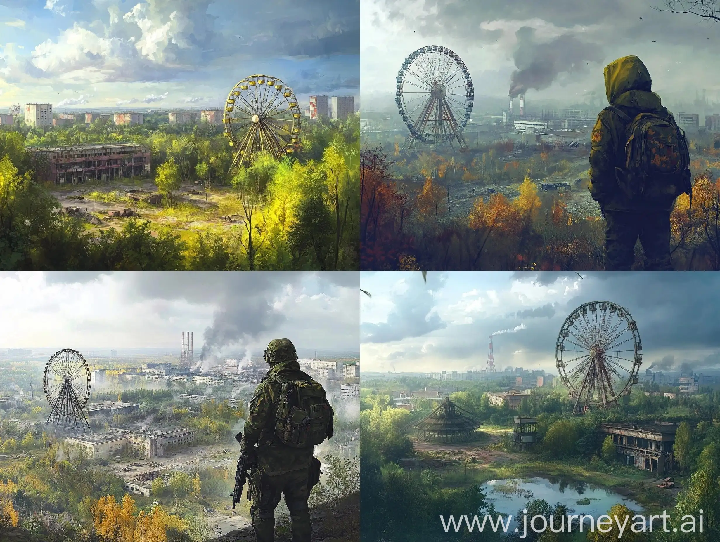 Abandoned-Chernobyl-Stalker-2-Game-Scene-with-Ferris-Wheel-and-Military-Stalkers