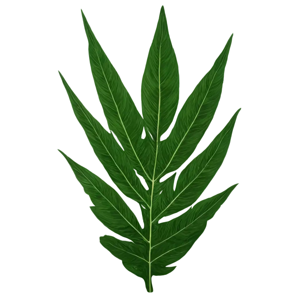 Create a high-resolution PNG image of a tropical palm leaf. The leaf should be lush and vibrant green, showcasing intricate details of its texture and veins. The background should be transparent to highlight the leaf's natural beauty, suitable for use in graphic design or nature-themed projects