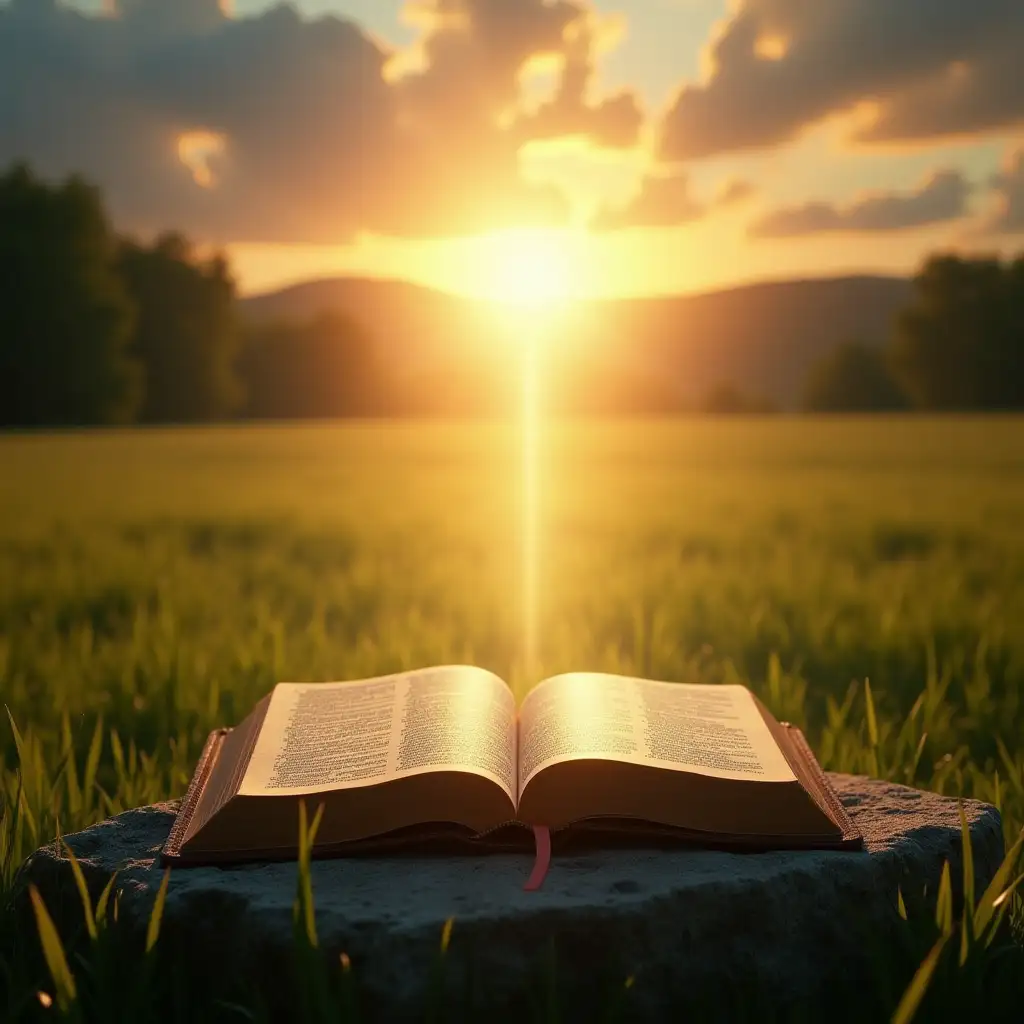 bible on a stone in a lush field with glorious light beaming from heaven focused on the opened page of the bible with golden clouds