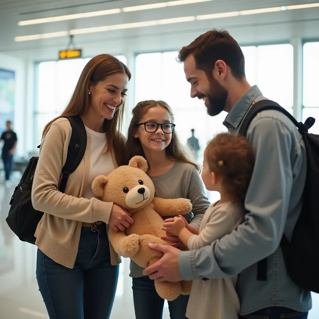 father meets wife and children in the airport with a plush toy