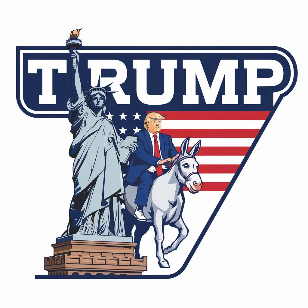 LOGO Design for Trump Vector Design Featuring Trump Riding a Donkey Next to the Statue of Liberty