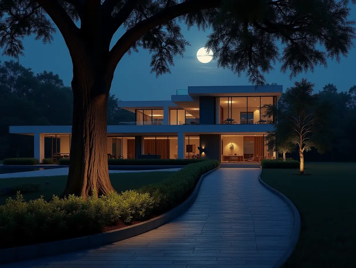 Realistic-Night-Scene-of-a-Tree-Trunk-by-a-Modern-House-Entrance
