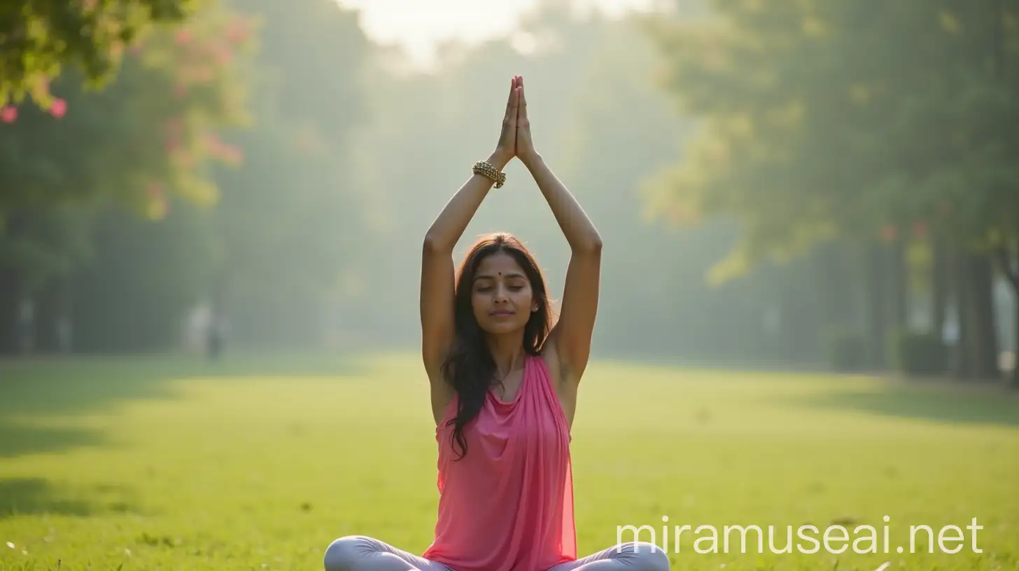 Fit Young Indian Girl Practicing Yoga in a Polluted Park