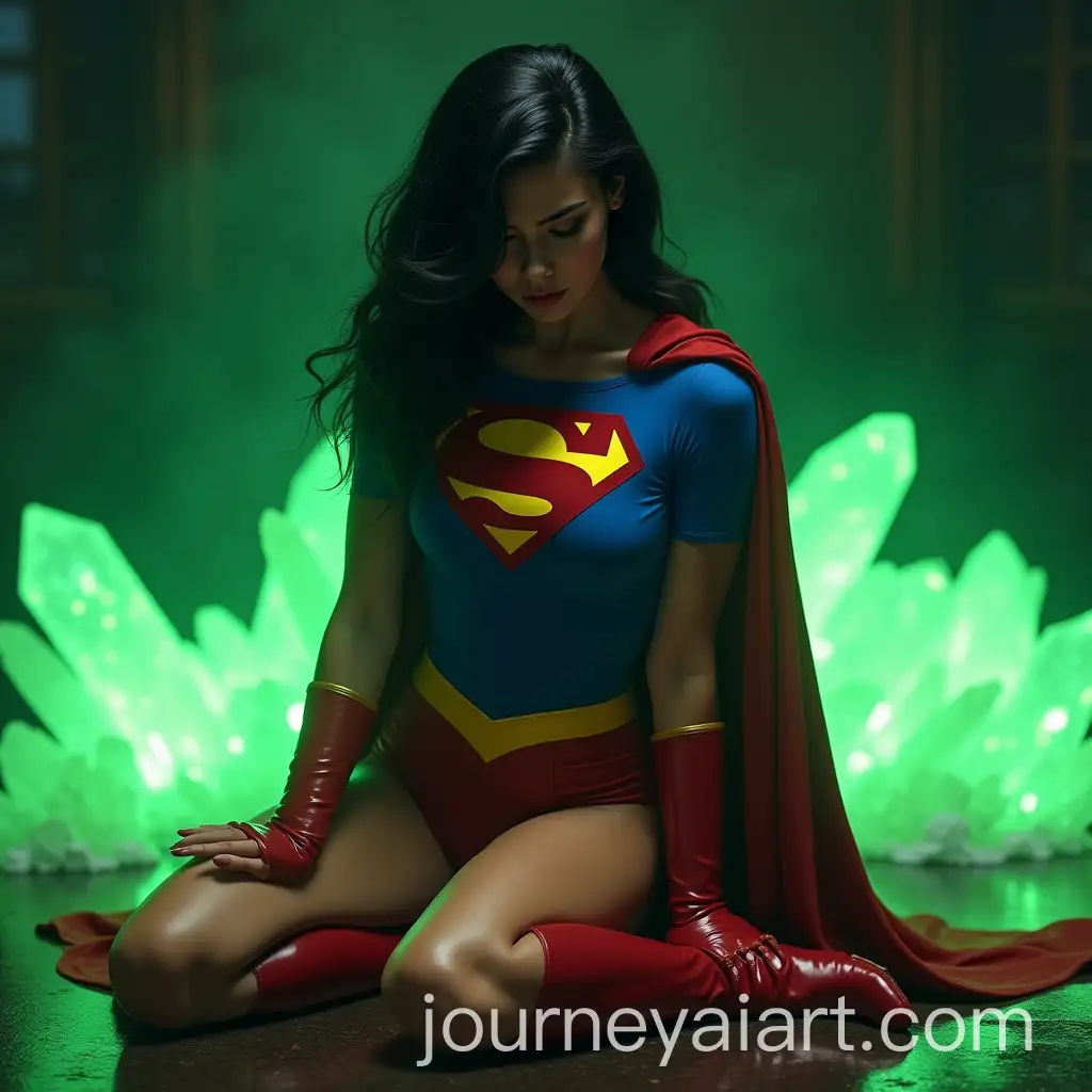 Muscular-Superheroine-Kneeling-Surrounded-by-Glowing-Green-Crystals