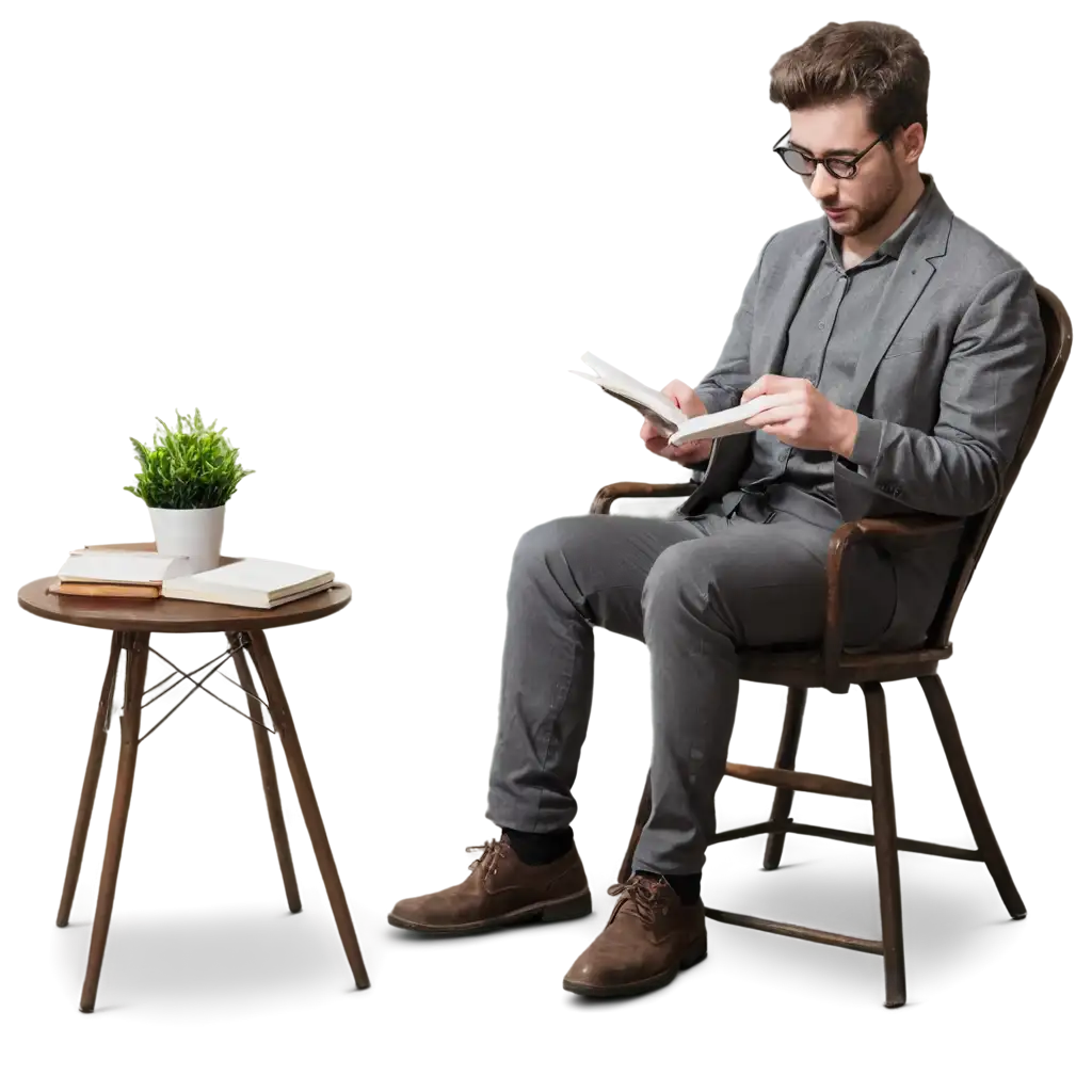 PNG-Image-of-a-Man-Sitting-on-a-Chair-with-a-Book-in-Hand-for-Versatile-Usage