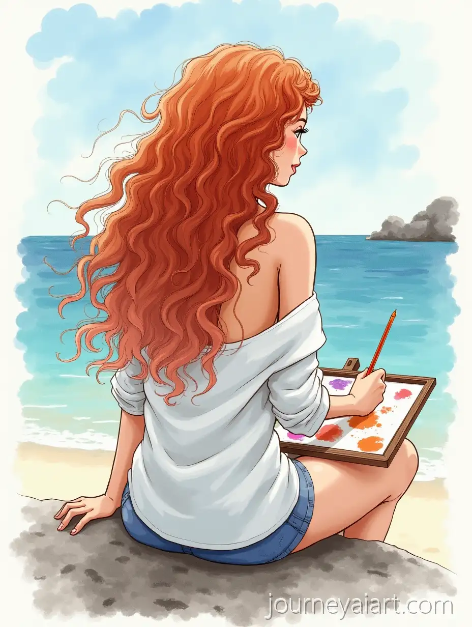 RedHaired-Girl-Painting-by-the-Sea-on-a-Stone