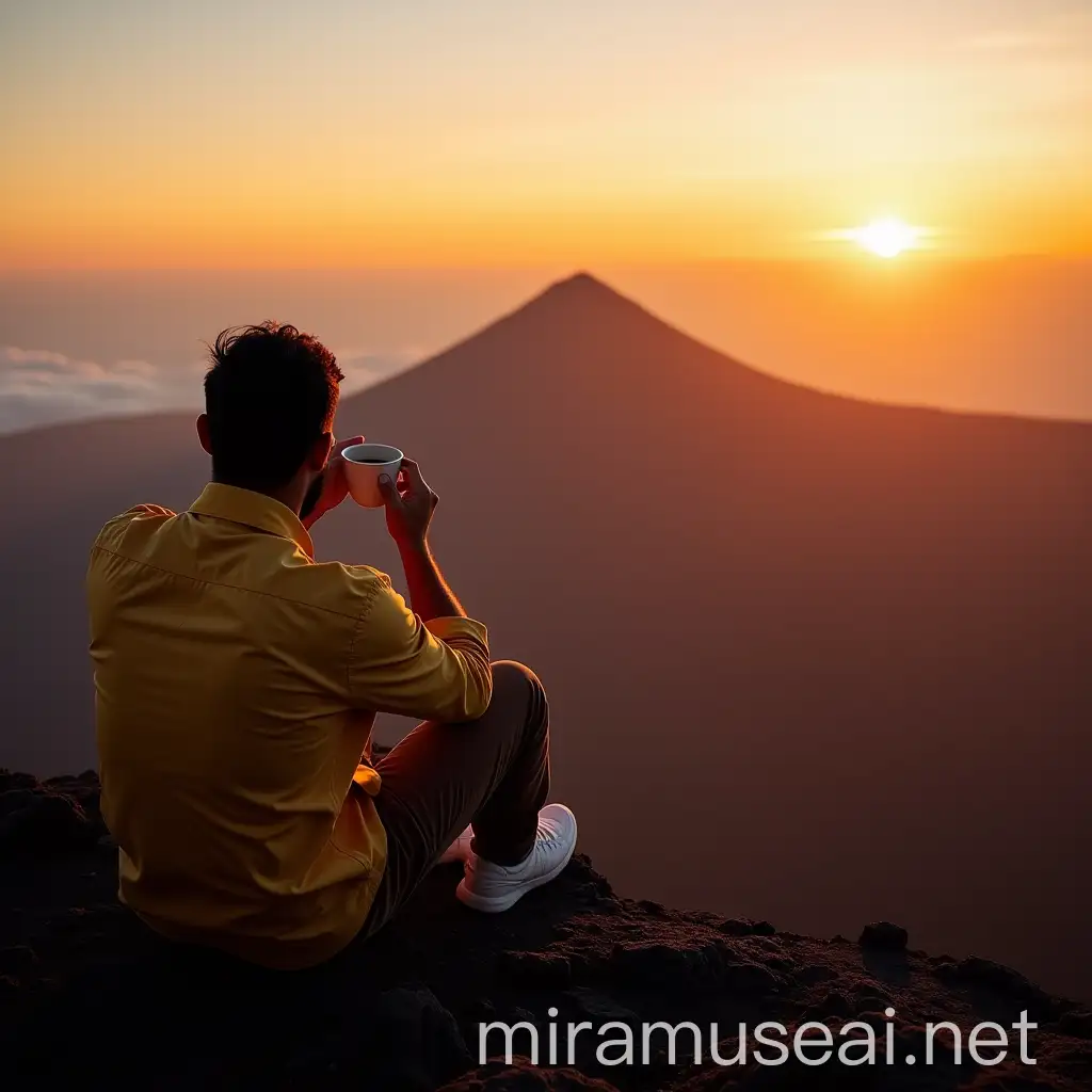 Man Enjoying Coffee at Sunset on Mt Agung Bali