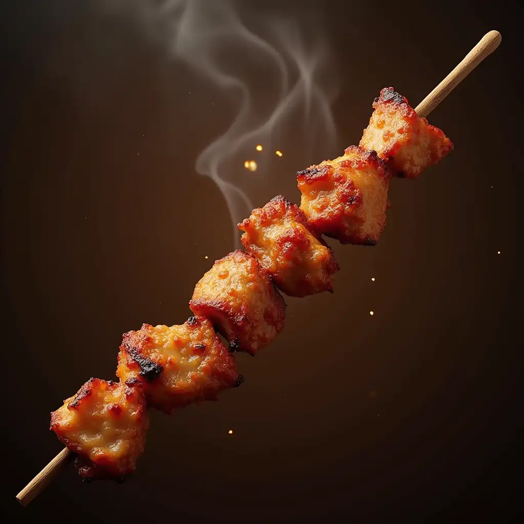 Juicy shashlik on skewer much meat on mangal