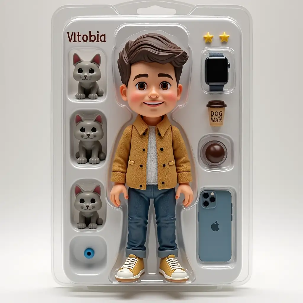 Use this photo of me to create an action figure of myself in a blister pack, in the style like a premium collectible toy. The figure should be standing up and have a relaxed, friendly smile. The blister pack should have a header with the text ‘[Litvin Victoria]’ in large letters. Include accessories in compartments to the side of the figure: [gray kitten of sphinx, black Apple Watch, blue IPhone 14, chocolate and coffee to go].