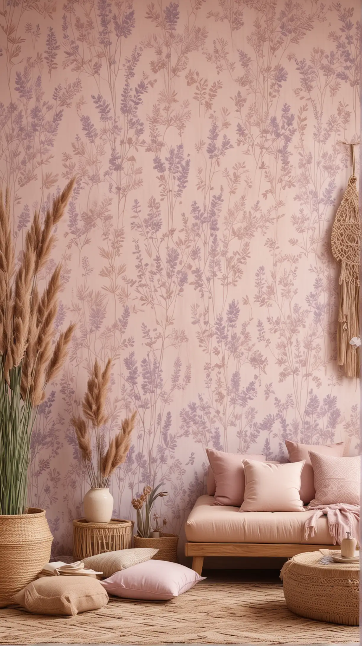 Boho Scenery with Soft Lavender Tan and Pastel Pink Pampa Wallpaper