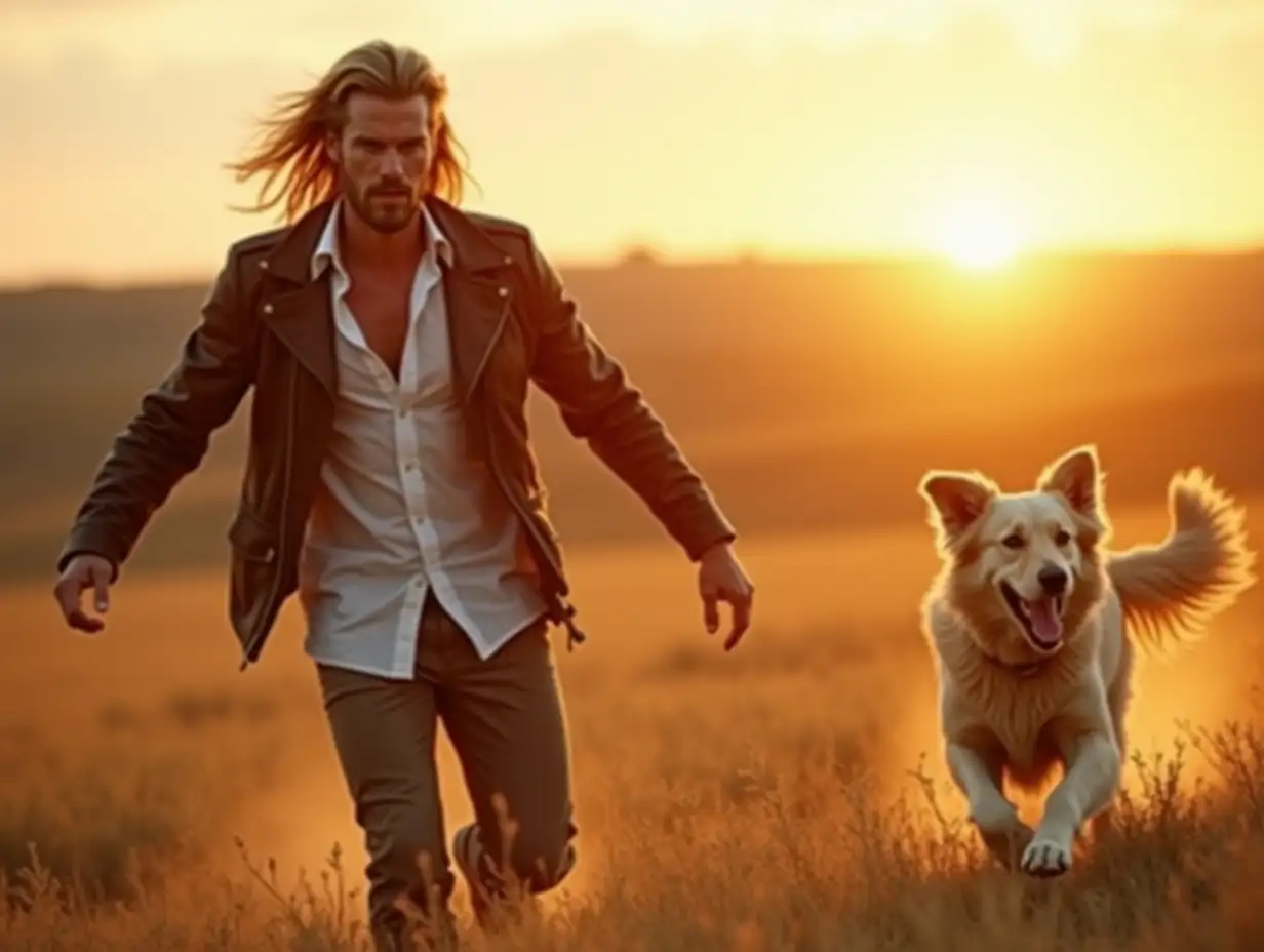 A strikingly handsome man with long, flowing blond hair stands in an open field at sunset, his arms slightly outstretched as his loyal dog sprints toward him with joyful energy. The man wears a rugged leather jacket over a white linen shirt,The dog, a strong and agile golden retriever leaps mid-stride, its ears perked up and tail wagging excitedly.