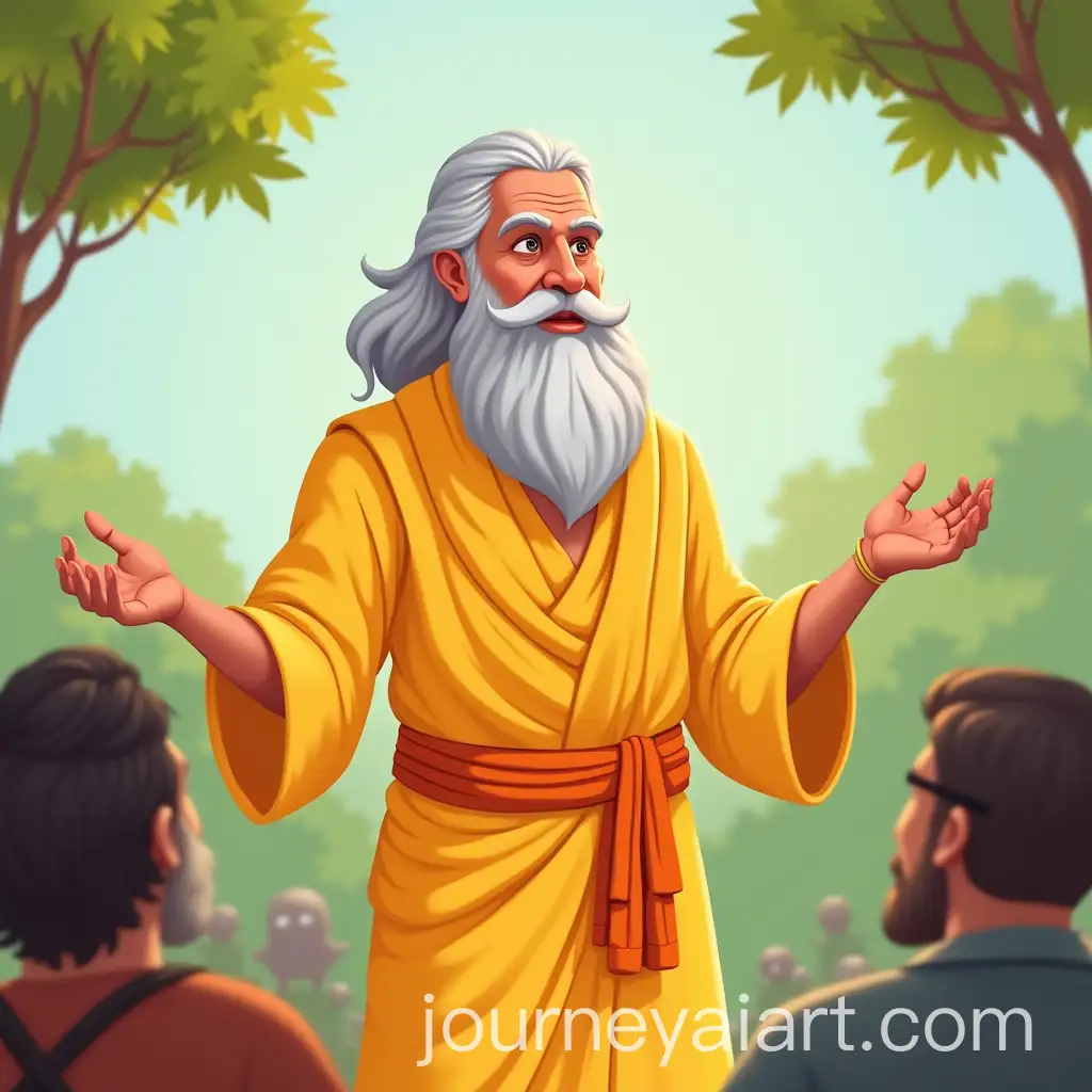 Indian-Saint-in-Vibrant-Yellow-Shawl-Addressing-Audience-in-Serene-Nature-Setting