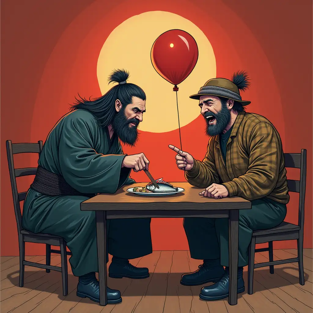 A stern, scowling Japanese samurai eats fugu fish with chopsticks (it lies before him on a plate). Opposite the samurai sits a bearded Russian man in a ushanka hat, flannel shirt, black pants and black boots. In one hand, the man holds an open little balloon. The man laughs loudly to tears, pointing at the samurai with his free hand. Comic style.