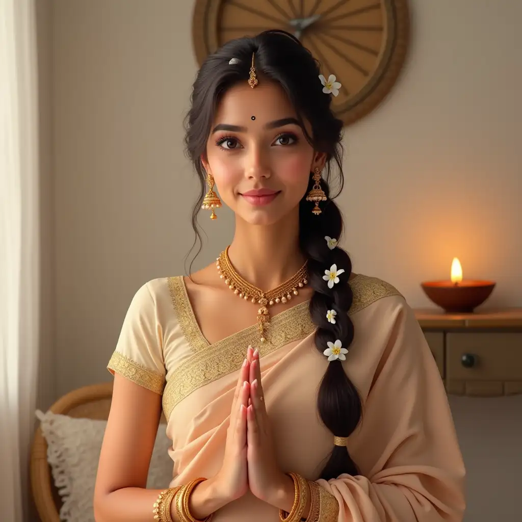 A highly realistic depiction of a young Indian woman with a sanskari aura. She is wearing an elegant traditional outfit, such as a pastel-colored saree with intricate embroidery or a simple yet graceful salwar kameez. Her posture is poised and respectful, with her hands gently folded in front of her, evoking a sense of humility and grace. Her expression is serene, with a warm and welcoming smile. She has long, neatly braided hair adorned with fresh jasmine flowers, traditional gold jewelry like jhumkas (earrings) and a delicate maang tikka on her forehead. A subtle bindi enhances her forehead, and her makeup is minimal, emphasizing her natural beauty. The background is softly lit, with an ambiance of a clean, traditional Indian home, perhaps with a diya (oil lamp) or rangoli in the frame to enhance the cultural context.