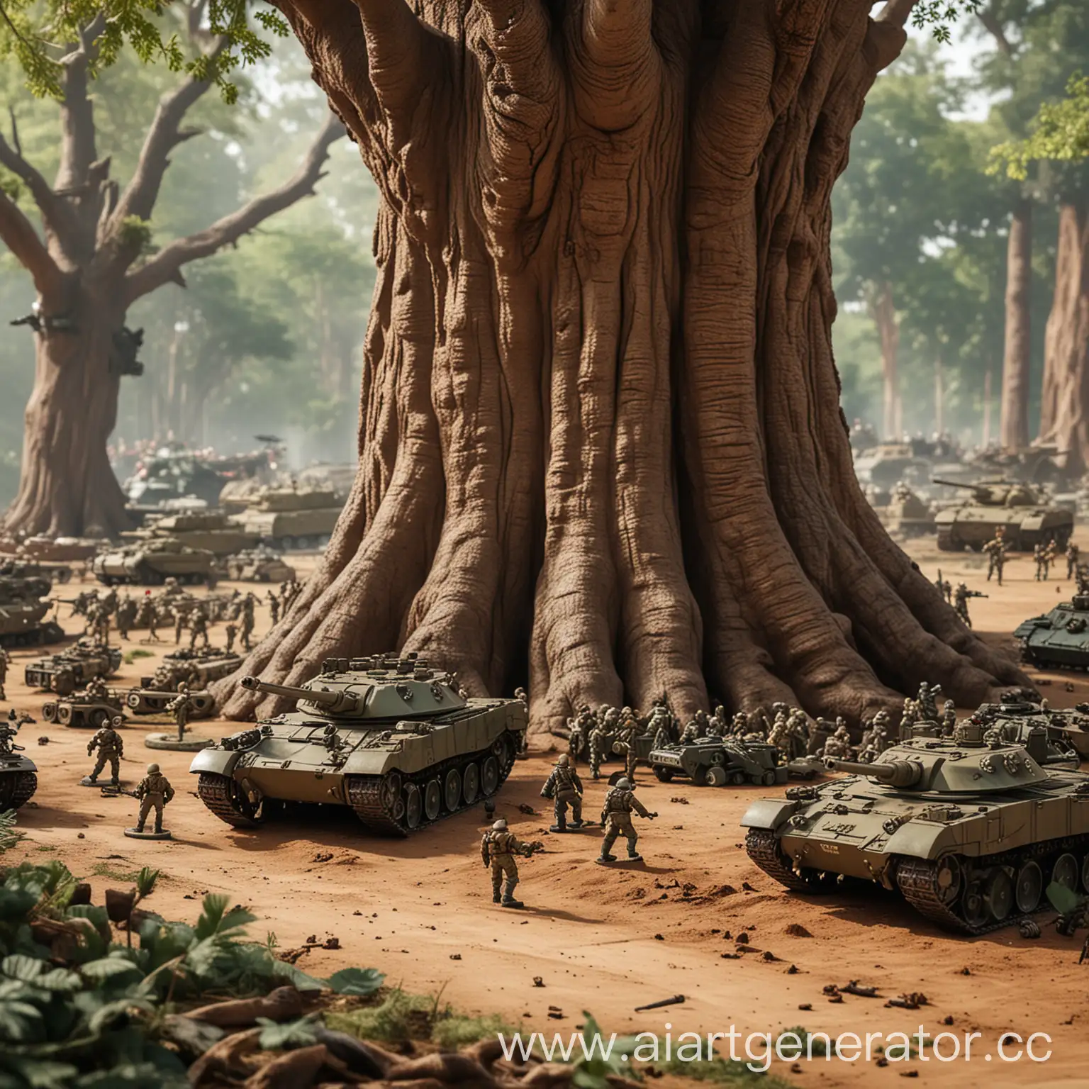 Battle-Scene-with-Soldiers-and-Tanks-Next-to-Giant-Tree-Trunk