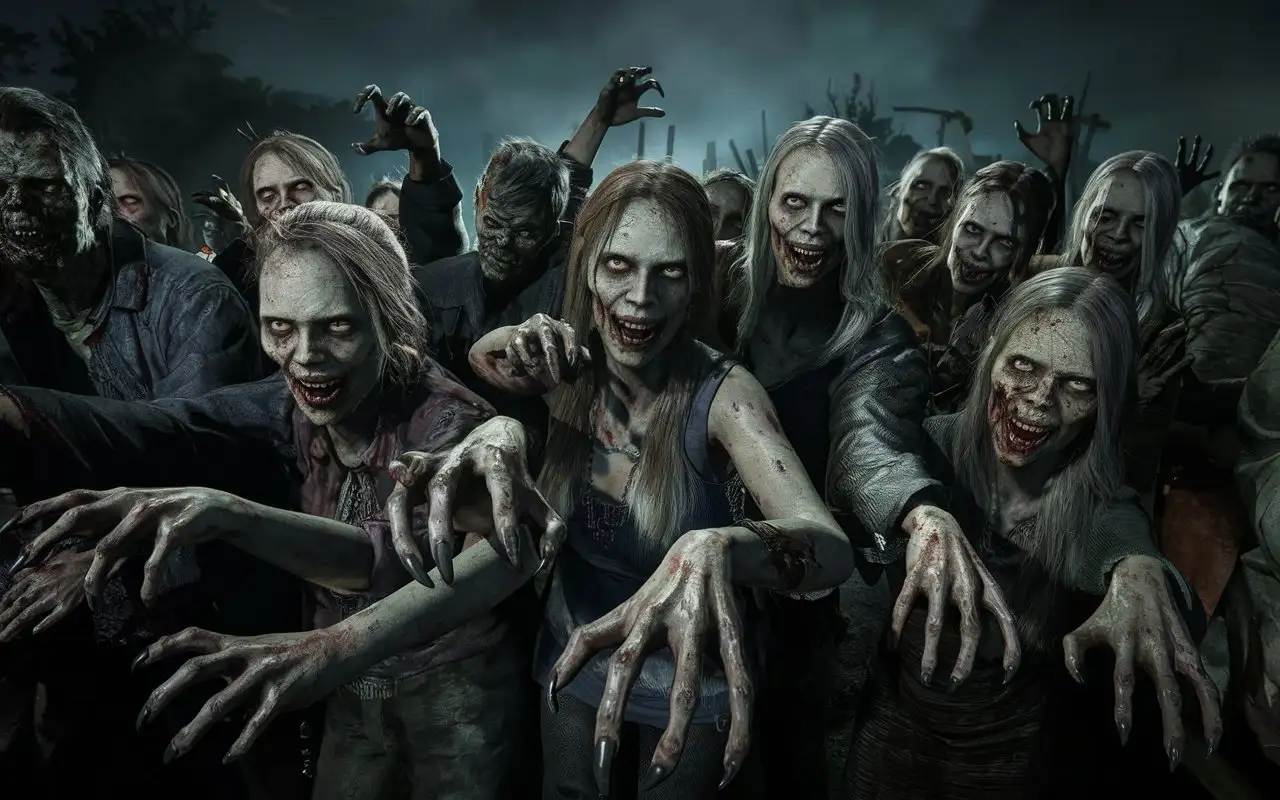 Terrifying-Crowd-of-Ugly-Rotten-Zombies-Reaching-Out-in-a-Gloomy-Night-Scene