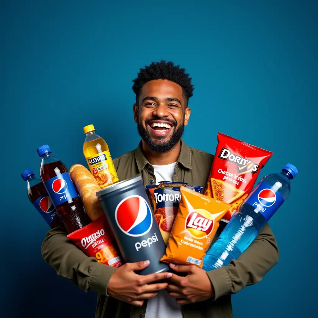 A happy man holding numerous grocery items (Pepsi Bottles, Chips Lay's, Doritos, Water, Bread, Wegitables and more) in his hands. He is excited to go home with all the food, as it's on sale at the supermarket. Dark blue Background. This is a high-resolution, hyper-realistic photograph.