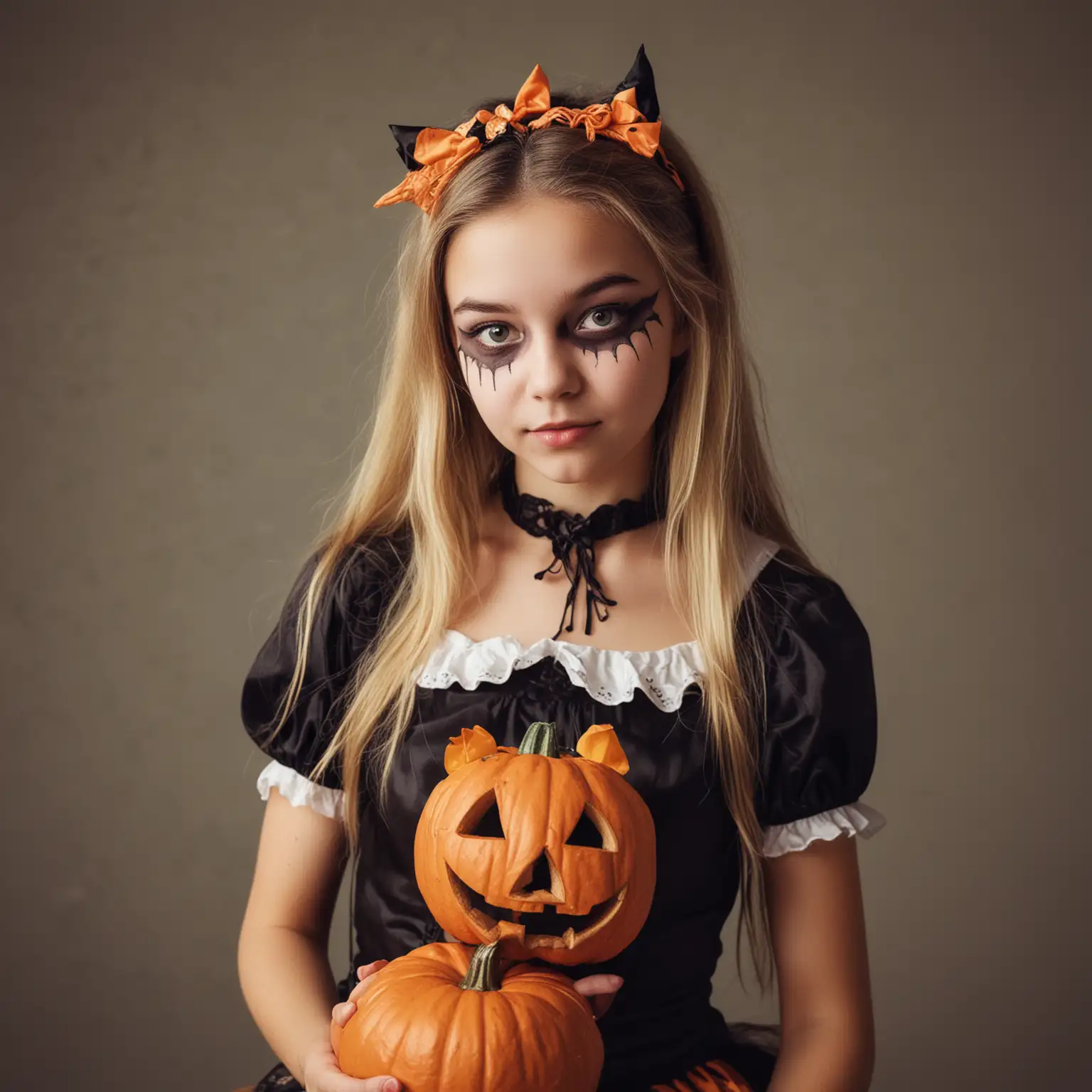 Teenage Girl in Halloween Costume TrickorTreating at Night