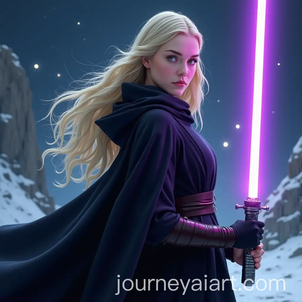 Star-WarsInspired-WomanAI-Art-Prompt-Expansion-with-Purple-Lightsaber-on-Mandalore-at-Night