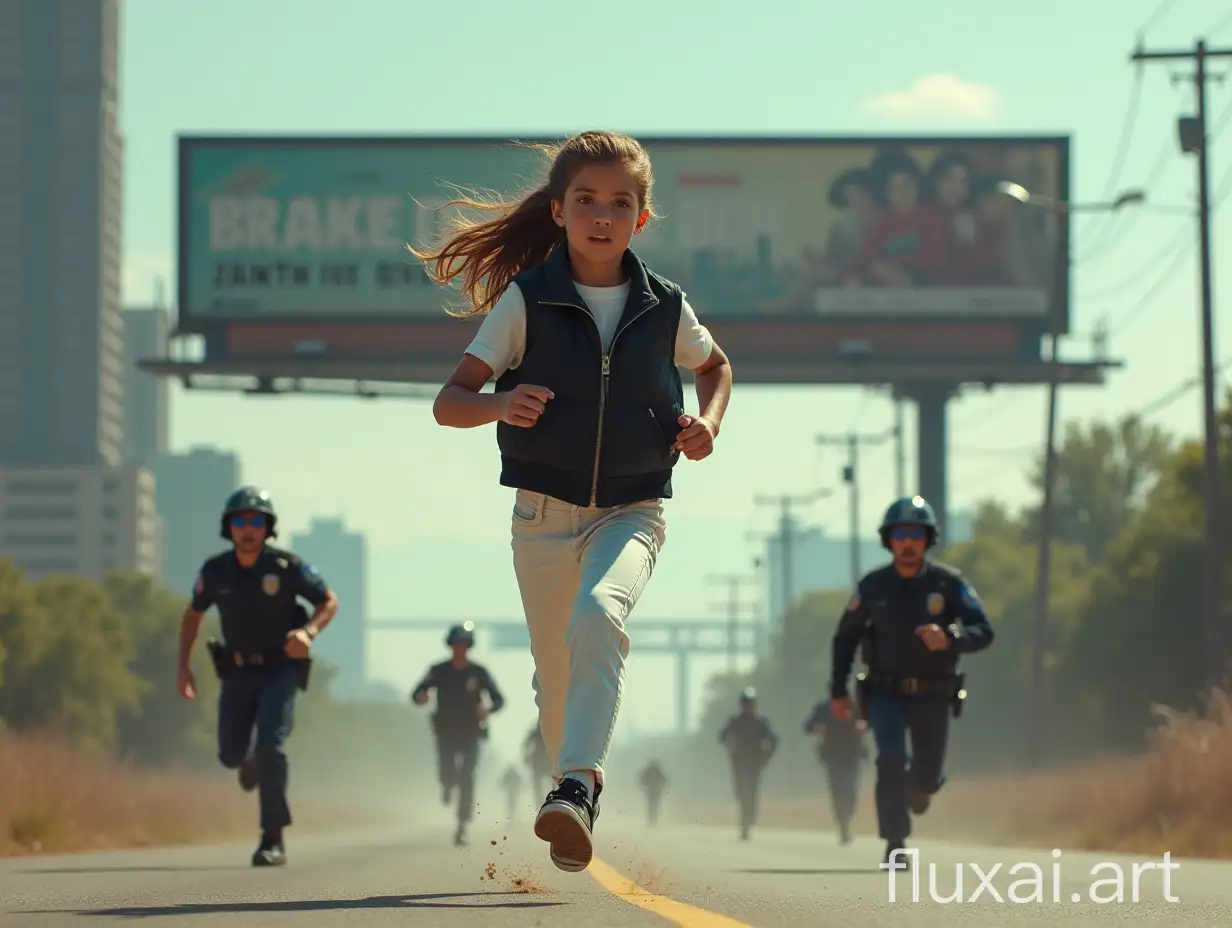 A girl runs horizontally across a billboard, a Sci-fi city, a girl in white pants and a black vest, police are chasing her