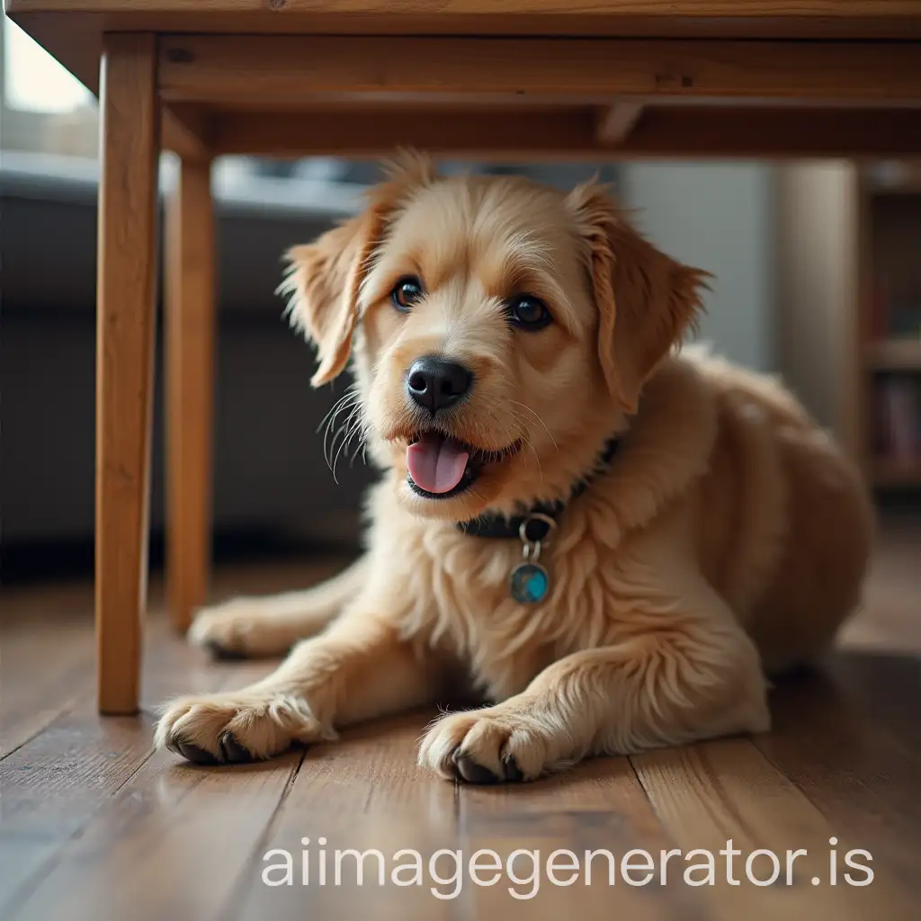 Playful-Dog-Hiding-Under-a-Wooden-Table