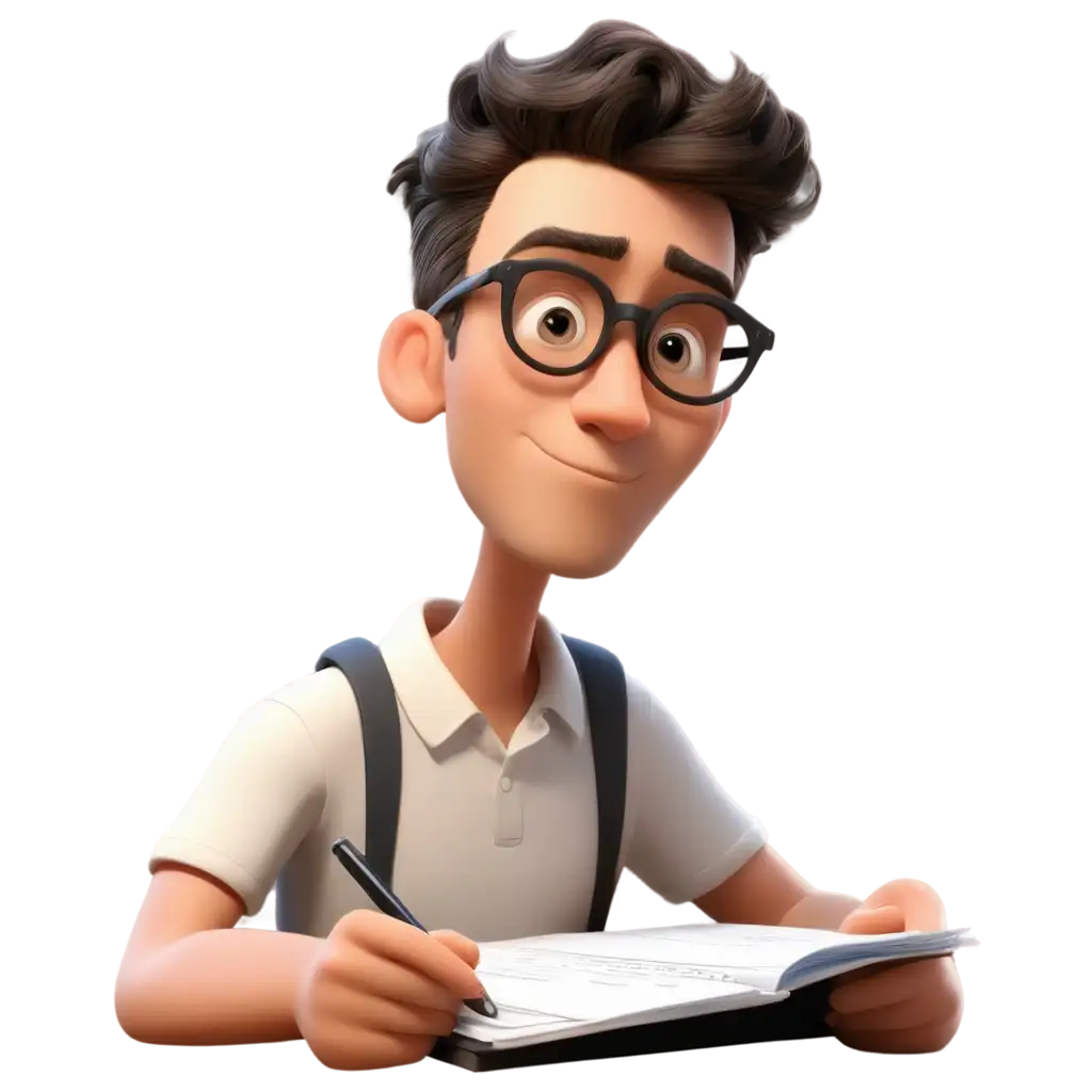 Cartoon-PNG-of-a-Handsome-FourEyed-Man-Writing-Notes-on-Super-Detailed-Paper