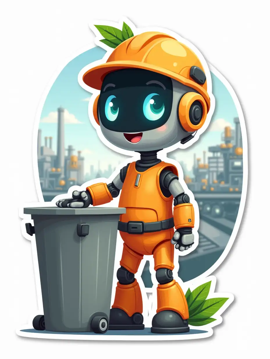 A positive, smiling little light-gray robot in an orange jumpsuit and a protective work helmet with a leaf on the body stands by the trash can. The futuristic workshop of a machine-building plant is depicted in the background. sticker design with die-cut on top, high resolution, vector graphics, white background