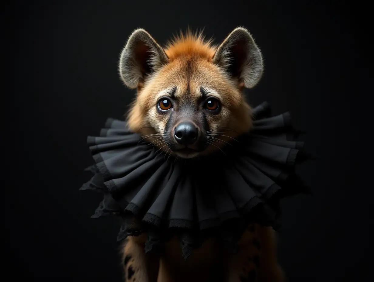 fine art portrait in low key of extreme realism and high definition details of an imposing, soft-furred hyena challengingly looking at the camera, with a ruff around its neck made of several layers of rich black fabric and lace on the ends.