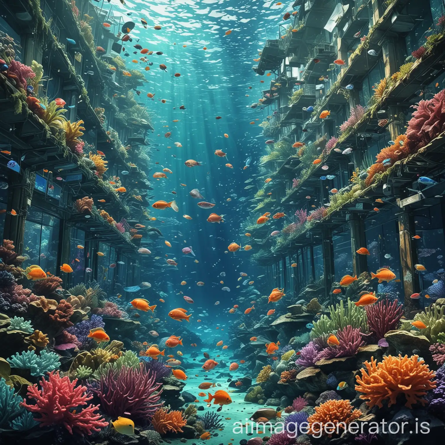 Generate 5 images in anime style, comparing financial markets and ocean ecosystems. Each image should blend elements of both: Ocean: Colorful fish, coral reefs, seaweed, and other marine life Financial markets: Bank buildings, digital screens displaying financial data, stock exchange trading floors with people Show the interconnectedness and complexity of both systems. Include vibrant colors and dynamic compositions typical of anime art style. Emphasize the contrast between the natural underwater world and the high-tech financial environment.