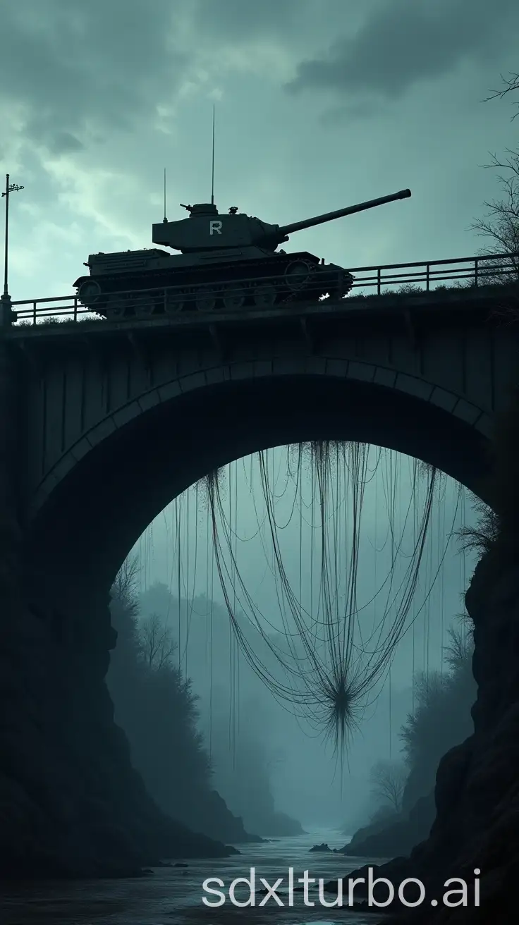 Ominous-Tank-Stationed-on-a-Bridge-with-Eerie-Webs