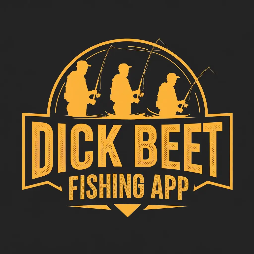 LOGO Design for Dick Beet Fishing App Bold Yellow Text on Solid Black with Fisherman Silhouette