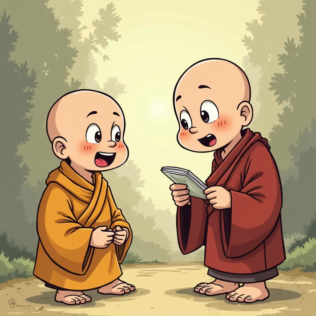 cartoon monaco buddista speaking with a disciple