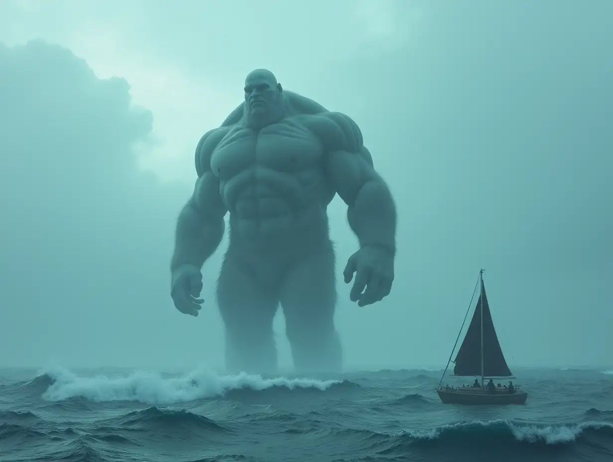 a giant is walking in the middle of the sea with calm depths. On the side, a small boat can be seen. Big waves.