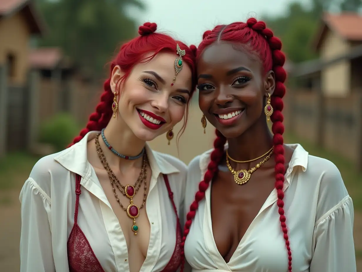 Two white, plump Pin-up girls 70 years old red braids wear low-cut white blouse, Ruby-Gold necklace with a light smile on their faces, Tattoos, jewelry on the head, lipstick highlights their smiles, modern jewelry, black skin, in a park with many houses in India Cyberpunk    8k-quality