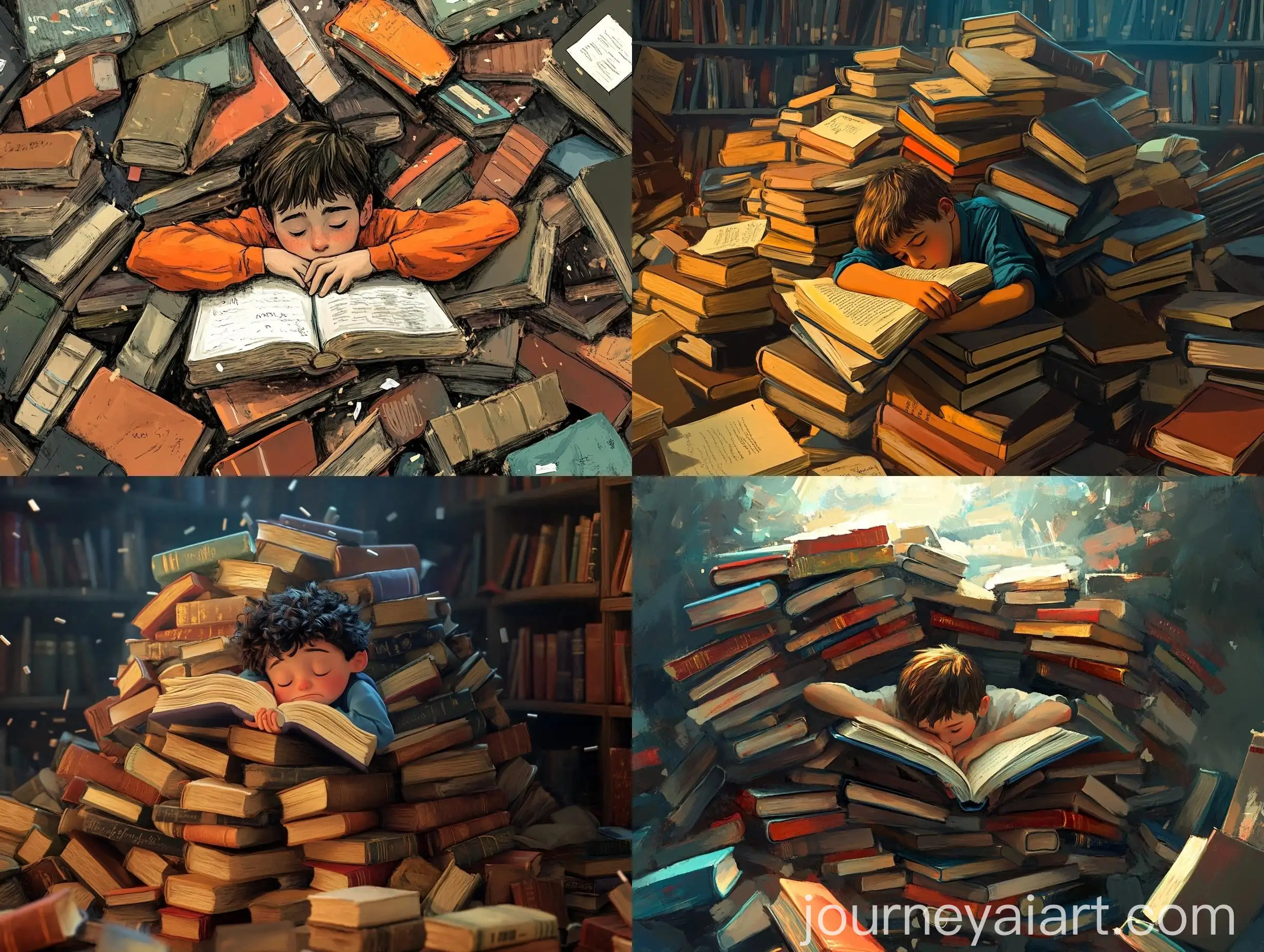 Young-Boy-Studying-Intensely-Surrounded-by-Towering-Books