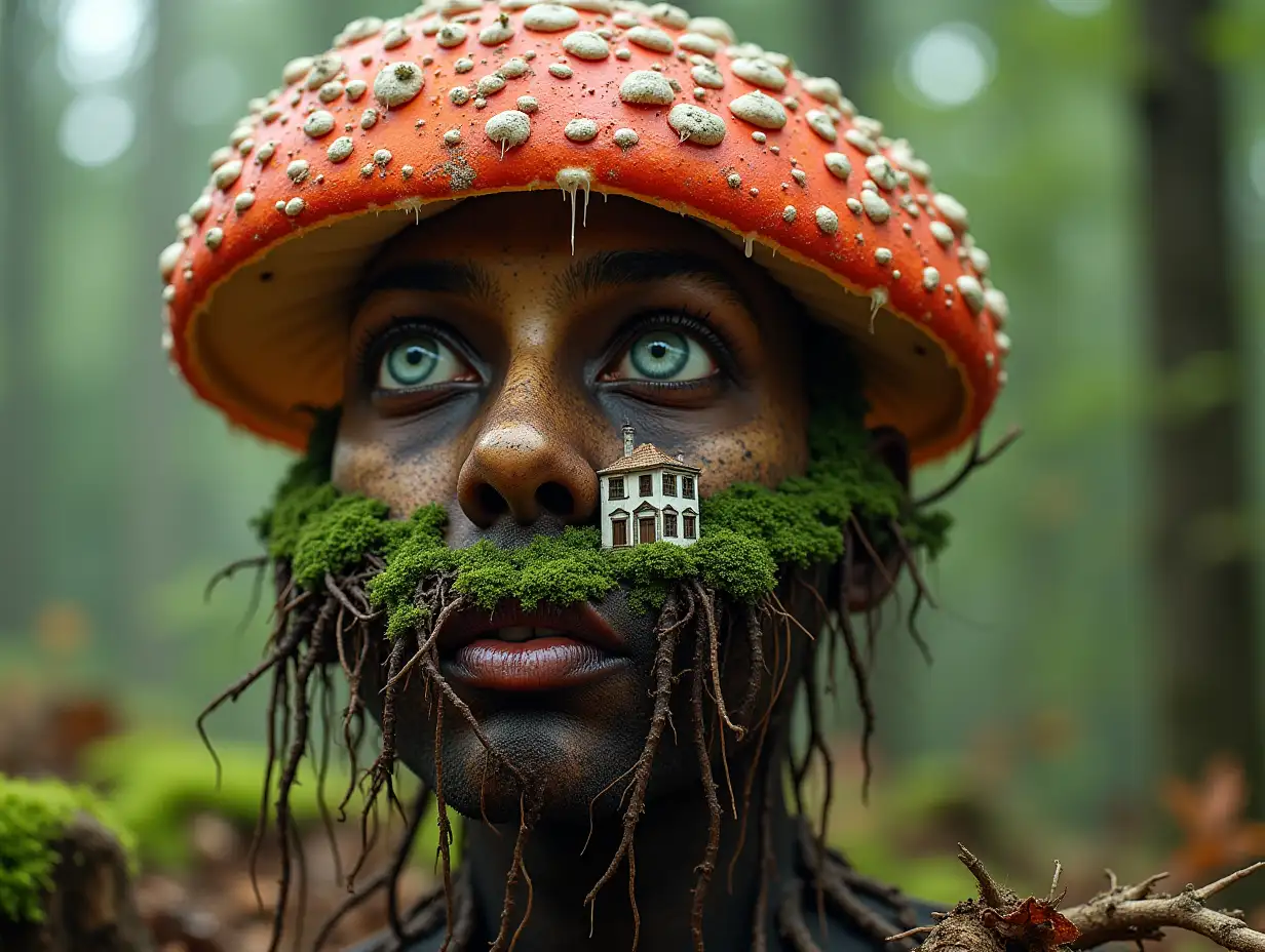 Face with colorful mushroom in mouth roots transformed into building in the forest